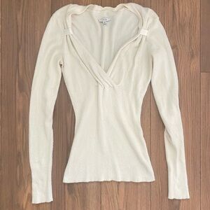 Cache Vintage Y2K Ribbed Sweater Women’s Med Ling Sleeve White V Neck